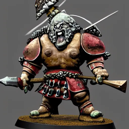 Image similar to ogre warrior wearing plated armor who is holding a battle axe in the style of warhammer fantasy : : head and torso oil painting