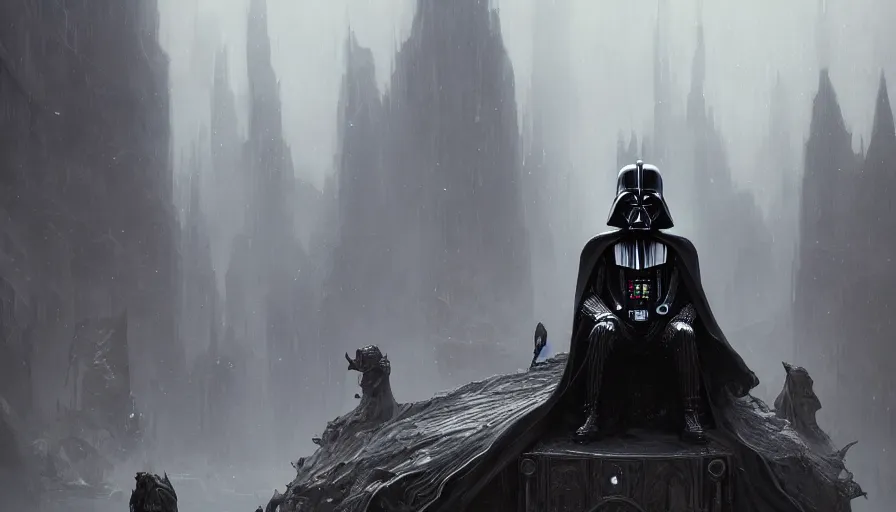 Prompt: highly detailed portrait of a dath vader, actuators, lost souls, evil spirits sitting alone on a metal throne, unreal engine, fantasy art by greg rutkowski, cinematic, establishing shot, art station