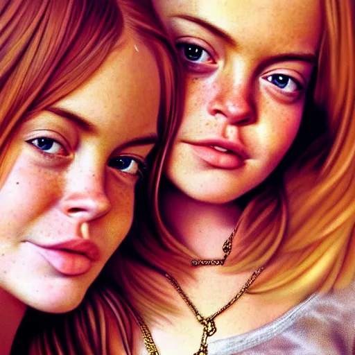 Image similar to intricate beautiful hyperreal portrait of a young lindsay lohan and a young lindsay lohan, smiling softly, casual clothes, relaxing on the couch, home interior, golden hour, close up shot, 8 k, art by irakli nadar, hyperrealism, hyperdetailed, ultra realistic