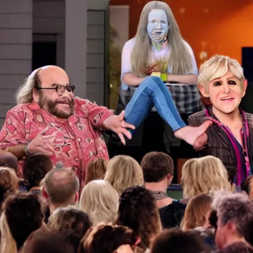 Image similar to danny devito hippy guest appearance on the elen degeneres show, plastic mannequins with cone shaped heads in the crowd, highly detailed facial expressions