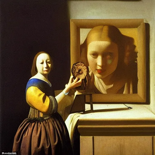 Prompt: Oil painting of an artificial intelligence examining an ammonite fossil in the style of The Astronomer by Johannes Vermeer, 1666, highly detailed