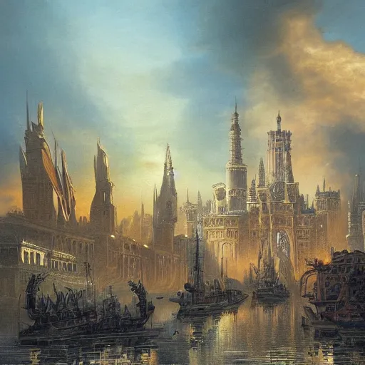 Image similar to by john howe in the usa, chiaroscuro bold. a print of a tall ship sailing through a cityscape. the ship is adorned with intricate details, while the cityscape is filled with towering palaces & other grand buildings.