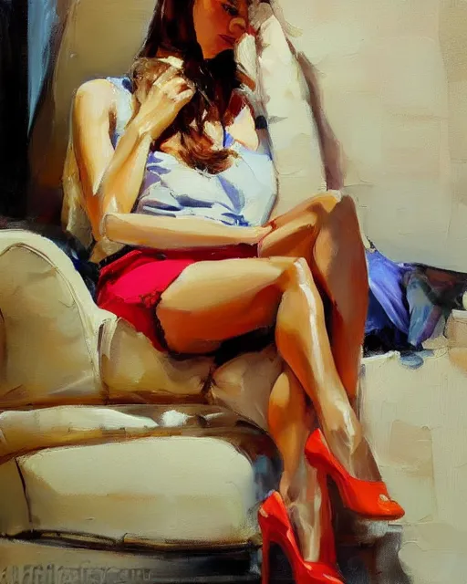 Image similar to a painting of a woman sitting on a couch, a fine art painting by michael garmash, deviantart, figurative art, detailed painting, oil on canvas, fine art