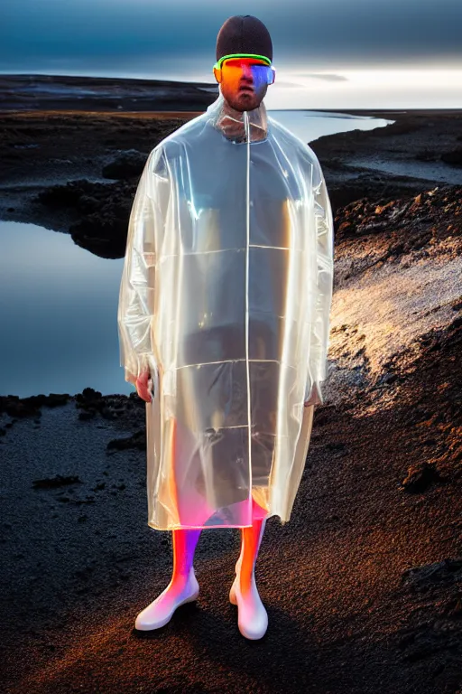 Prompt: an ultra high definition professional high fashion portrait studio full length photograph of a male model wearing a transparent pearlescent raincoat and neon visor in an icelandic black rock environment at dawn. no artefacts. extremely detailed. stark. refraction. shallow depth of field. volumetric light and shadow. ray tracing. light rays.