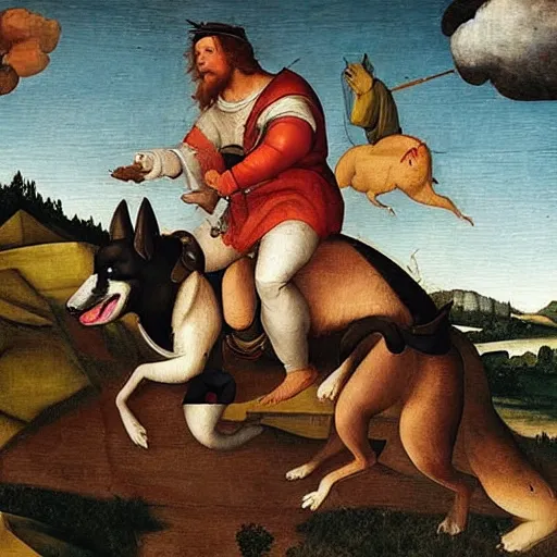 Prompt: strong handsome man riding on a corgy dog, renaissance art style