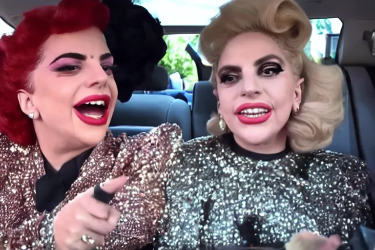 Image similar to lady gaga and judy garland doing carpool karaoke, lady gaga and judy garland, carpool karaoke, lady gaga, judy garland, carpool karaoke, youtube video screenshot, the late late show with james corden