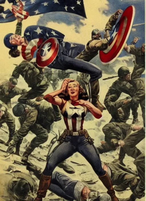 Image similar to female captain america standing on a pile of defeated german soldiers. feminist captain america wins wwii. american wwii propaganda poster by james gurney