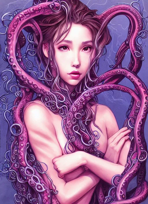 Image similar to bemused to be enveloped in slimey tentacles Aerith Gainsborough  portrait looking straight on, complex artistic color ink pen sketch illustration, full detail, gentle shadowing, fully immersive reflections and particle effects, concept art by Artgerm