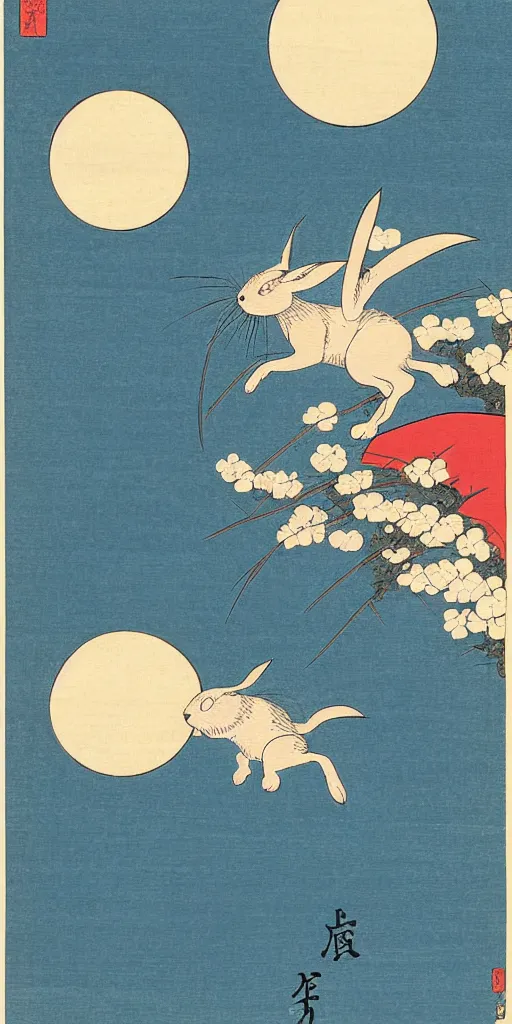 Prompt: an ukiyo - e style woodblock print of a rabbit in the moon, by katsushika hokusai and kawase hasui