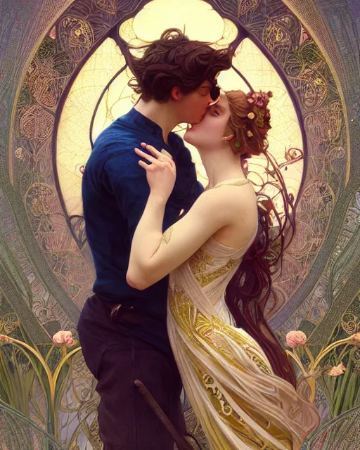 Image similar to the kiss | highly detailed | very intricate | art nouveau | gold filigree | romantic storybook fantasy | soft cinematic lighting | award - winning | painted by mandy jurgens and alphonse mucha and alena aenami | pastel color palette | featured on artstation