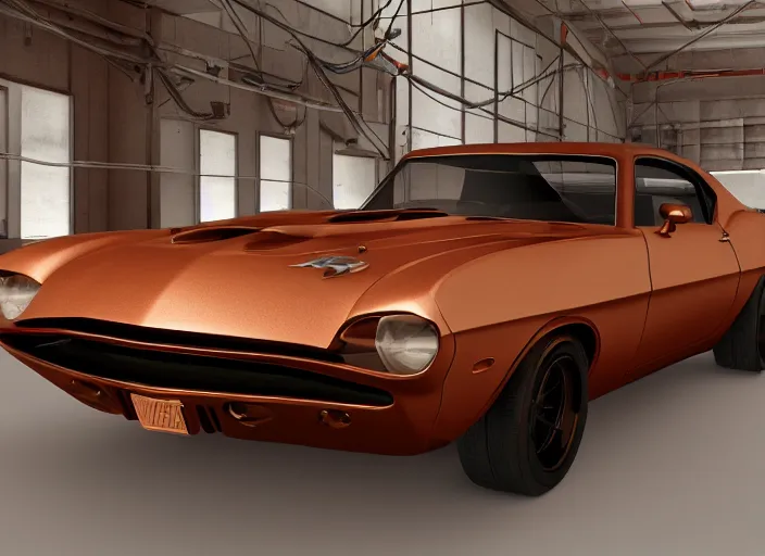 Prompt: classic muscle car with copper paint, in a workshop, concept art style by pablo carpio. global illumination ray tracing render. full view.