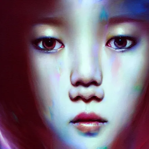 Prompt: jisoo of blackpink, hyperrealistic portrait, bladerunner street, by karol bak and agnes cecile, fantasy art, photo realistic, dynamic lighting, artstation, poster, volumetric lighting, very detailed face, 8 k, award winning