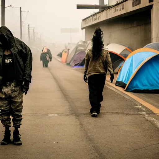 Image similar to Candid extreme wide shot of a poor techwear mixed woman with tattoos outside of a futuristic Los Angeles on fire, homeless tents on the side of the road, military police, cyberpunk, 4k, extreme long shot, desaturated, full shot, action shot, blurry, sigma 85mm f/1.4, high resolution, 4k, 8k, hd, full color