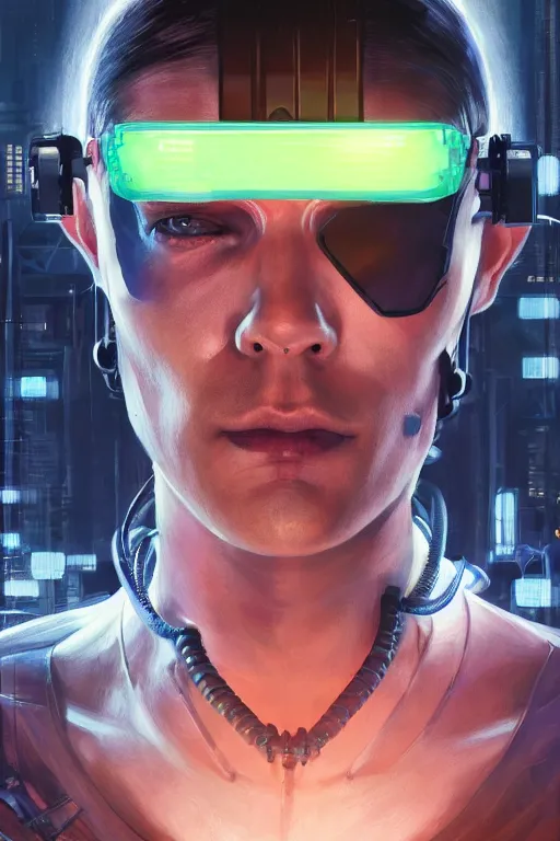 Image similar to illustration of an male cyberpunk character wearing bionic implants, criminal mugshot, highly detailed, oil on canvas, soft lighting, neon pastel colors, by WLOP and Greg Staples, HD, 4K