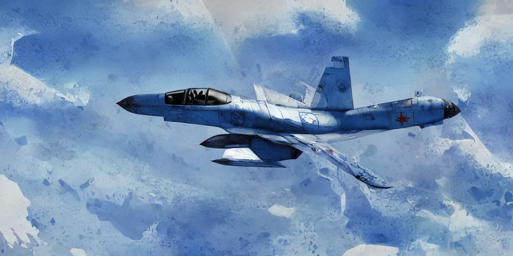 Prompt: blue and white soviet fighter jet flying across the arctic ocean with a missile trailing behind about to hit, texture, intricate, details, highly detailed, masterpiece, trending on artstation, focus, sharp focus, concept art, digital painting, sunny, day, midday