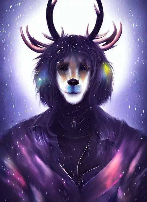 Image similar to award winning beautiful portrait commission of a male furry anthro Black Reindeer cyberpunk fursona with a tail, wings, wings, wings and a cute beautiful attractive detailed furry face wearing a crown, stylish black and rainbow galaxy clothes, outline, in a cyberpunk city at night while it rains. Character design by charlie bowater, ross tran, artgerm, and makoto shinkai, detailed, inked, western comic book art