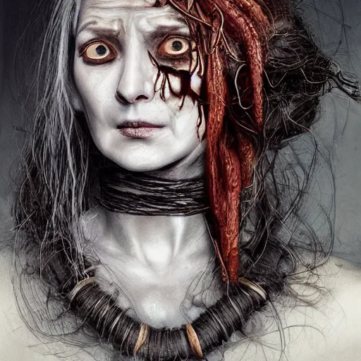 Image similar to portrait of a Shibari barbed wire wrapped face and neck, headshot, insanely nice professional hair style, dramatic hair color, digital painting, of a old 17th century, old cyborg merchant, amber jewels, baroque, ornate clothing, scifi, realistic, hyperdetailed, chiaroscuro, concept art, art by Franz Hals and Jon Foster and Ayami Kojima and Amano and Karol Bak,