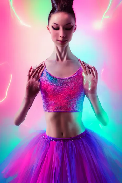 Image similar to a award winning half body portrait of a beautiful ballerina in a crop top and tutu with ombre purple pink teal hairstyle and hands in pockets by ari liloan, surrounded by whirling illuminated lines, outrun, vaporware, shaded flat illustration, digital art, trending on artstation, highly detailed, fine detail, intricate