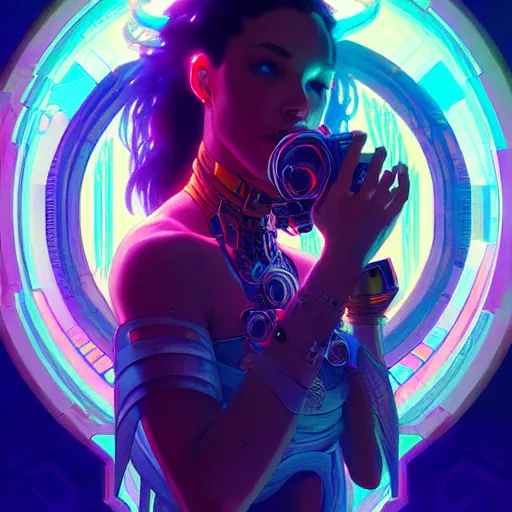 Image similar to a cybernetic temple, vaporwave aesthetic, colorful, psychedelic, digital painting, artstation, concept art, smooth, sharp focus, illustration, art by artgerm and greg rutkowski and alphonse mucha