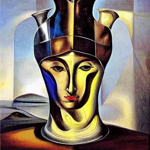 Prompt: head and shoulders portrait of a female knight, chess pieces, ♟, painting by salvador dali