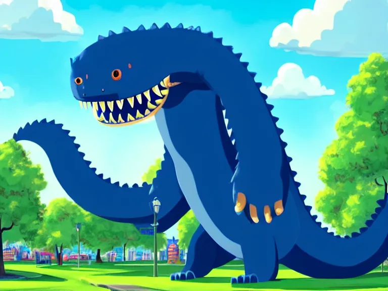 Prompt: adorable anthropomorphic gigantic cerulean furry leviathan monster in a park surrounded by a city, high high high quality