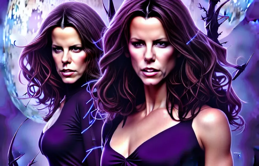 Image similar to kate beckinsdale comic cover art, artgerm, joshua middleton, pretty stella maeve witch doing black magic, serious look, purple dress, symmetrical eyes, symmetrical face, long black hair, full body, twisted evil dark forest in the background, cool colors