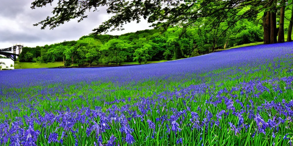 Image similar to a park filled with bluebell flowers, containing a lake crossed by a big beautiful bridge, scenery wallpaper