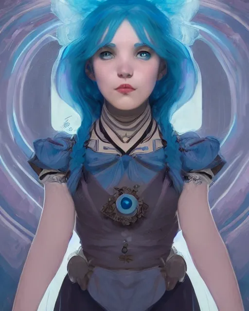 Image similar to symmetrical portrait of a pretty girl with blue hair dressed as alice in wonderland, digital painting, 8 k, concept art, art by wlop, artgerm, greg rutkowski and alphonse mucha