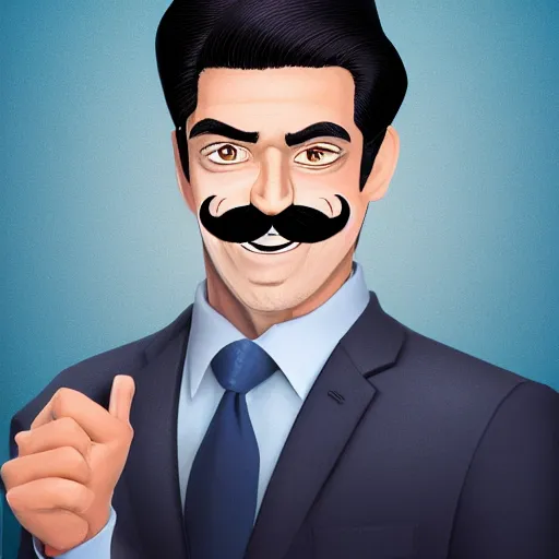 Prompt: A man with a chiseled face and a big jawline with a 80s mustache and slicked back jet black hair in a blue suit while smiling, at an angle, 4k resolution, 8k resolution, HD Quality, in the style of TF2
