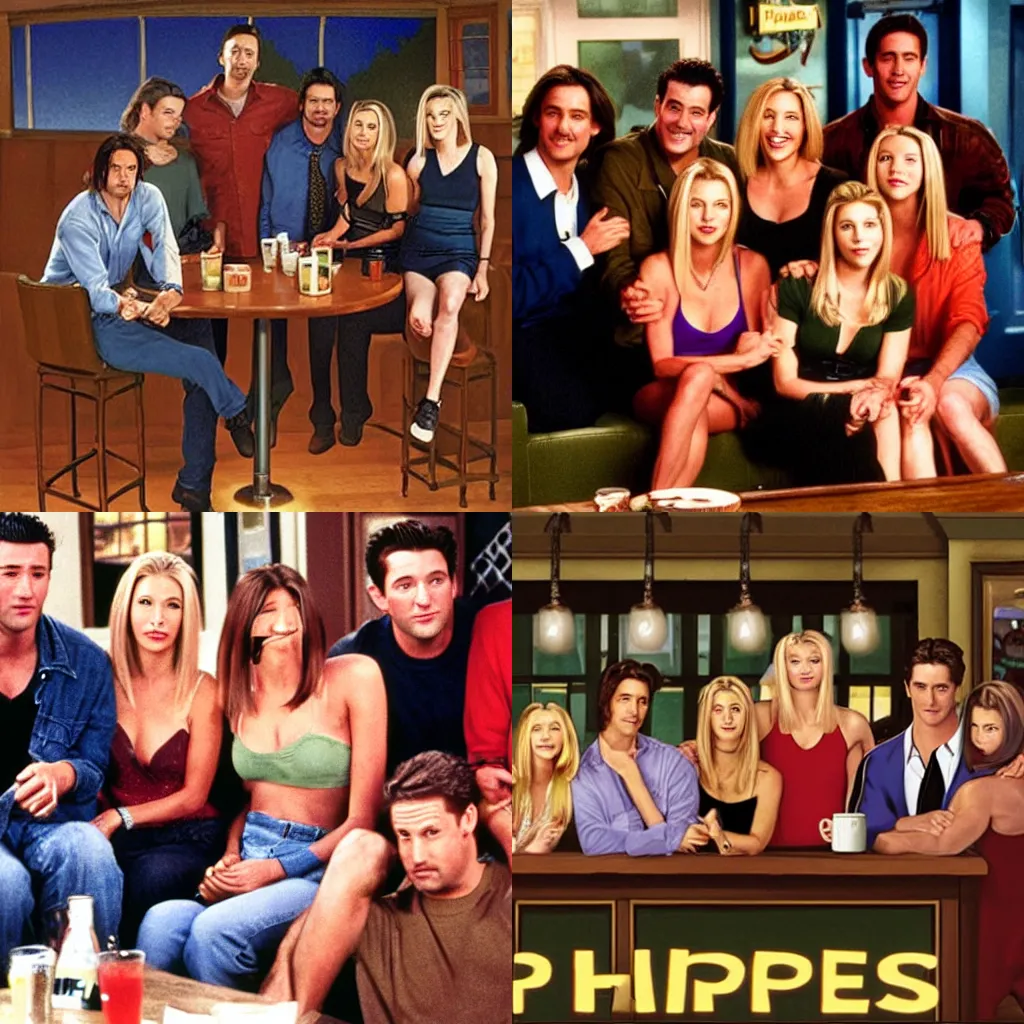 Prompt: hopper\'s night hawks but with the cast of Friends inside the bar
