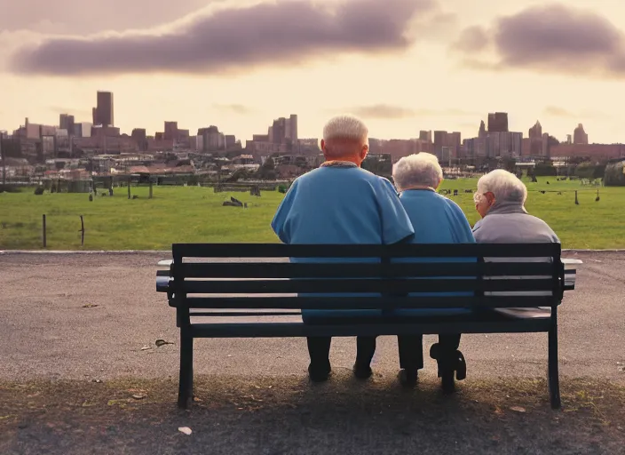 Image similar to a 2 8 mm macro photo from behind of an elderly couple sitting watching the city in silhouette in the 1 9 7 0 s, bokeh, canon 5 0 mm, cinematic lighting, dramatic, film, photography, golden hour, depth of field, award - winning, 3 5 mm film grain, low angle