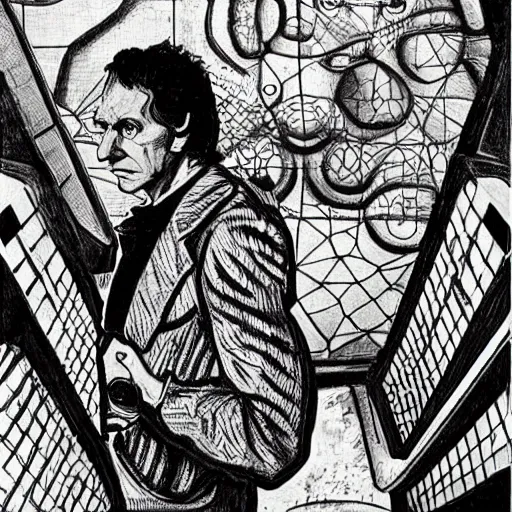 Image similar to portrait of doctor who, mash - up between mc escher and vincent van gogh, comic panel