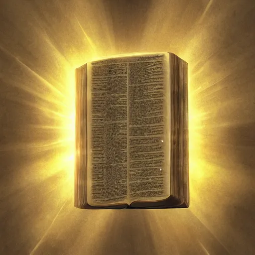 Prompt: photorealistic Bible, heavenly light shining onto it, golden light, aura, cgsociety, artstationhq, digital art, detailed