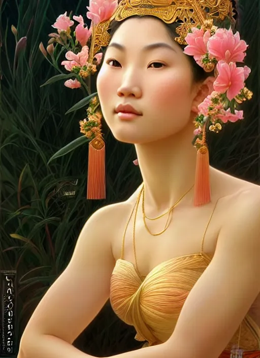 Image similar to perfectly feminine face!! portrait of an asian goddess blessed by a nature goddess with ever - increasing physical mental perfection, blonde, symmetrical! intricate, sensual features, highly detailed, biblical divine holy perfection!! digital painting, artstation, concept art, smooth, sharp focus, illustration, art by artgerm and greg rutkowski and alphonse mucha