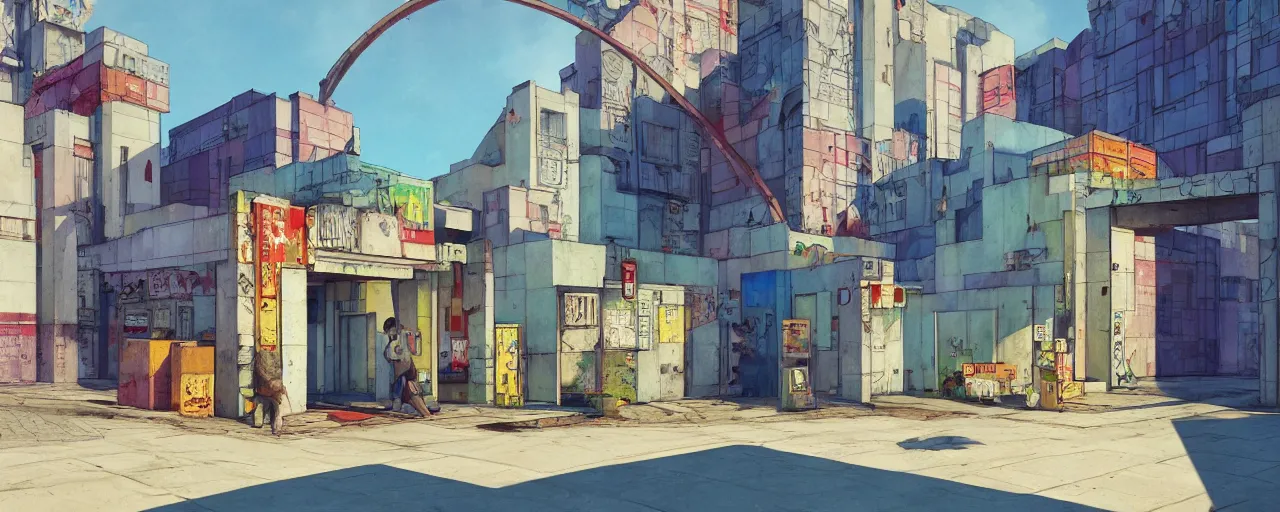 Image similar to neo brutralism, concrete housing, an archway, concept art, colorful, vivid colors, sunshine, light, shadows, reflections, oilpainting, cinematic, 3D, in the style of Akihiko Yoshida and Edward Hopper