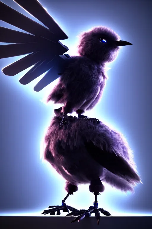 Prompt: high quality 3 d render very cute fluffy cyborg crow! sings into microphone, cyberpunk highly detailed, unreal engine cinematic smooth, in the style of blade runner & detective pikachu, hannah yata charlie immer, moody light, low angle, uhd 8 k, sharp focus