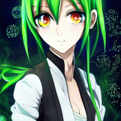 Prompt: anime art, anime key visual of elegant young female, short green hair and large eyes, white blouse, black vest, finely detailed, tool album cover, psychedelic imagery