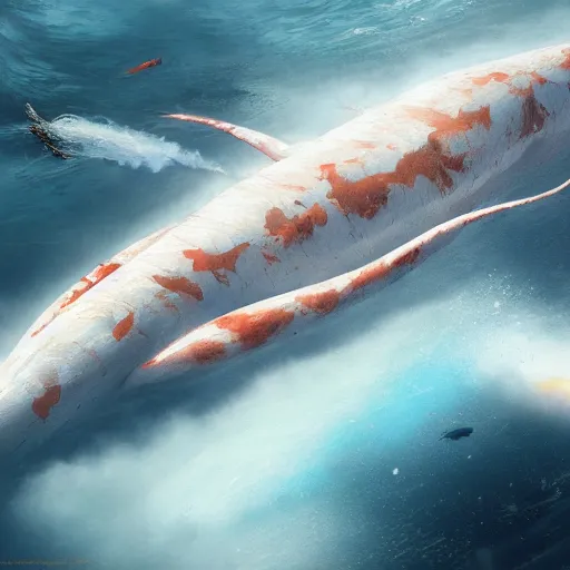 Image similar to subsurface scattering, white, giant submarine, koi colors only, octane render, jesper ejsing, justin gerard, james jean, tomasz alen kopera, cgsociety, fenghua zhong, makoto shinkai, highly detailed, rim light, art, cinematic lighting, very coherent, hyper realism, 8 k