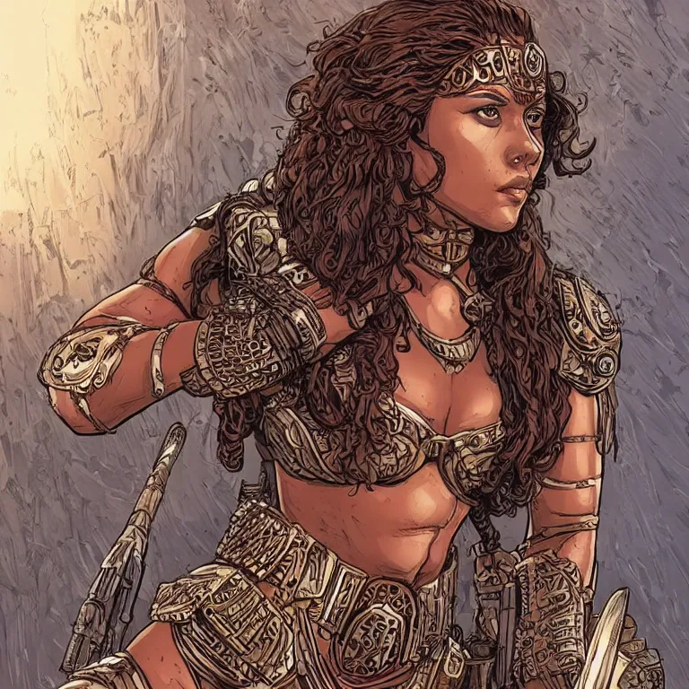 Image similar to scarlett johannson as an amazon warrior, a tall beautiful woman with brown skin and long hair, dressed in hellenistic body armour, intricate, elegant, highly detailed, smooth, sharp focus, detailed face, high contrast, graphic novel, art by laurie greasley