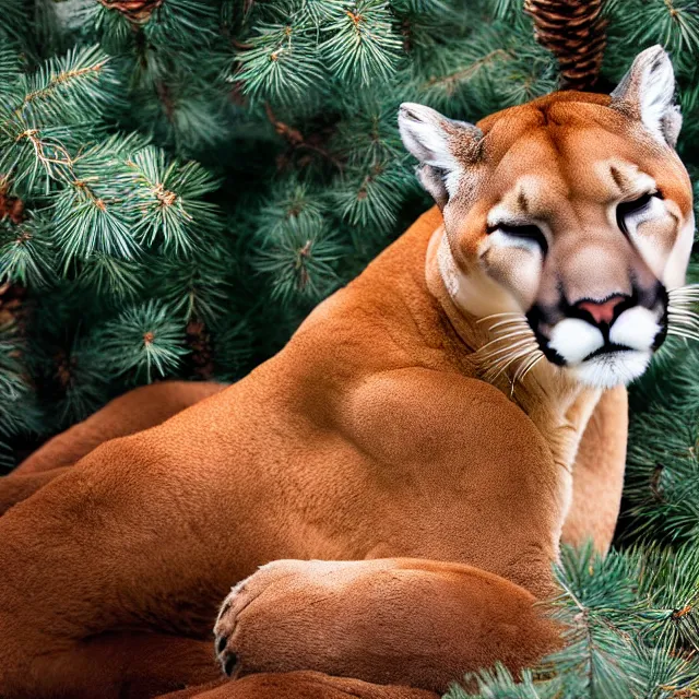 Prompt: magazine page showing 'a cougar sleeping in the middle of snowy pine tree' laying on coffee table, zoomed out shot, HD