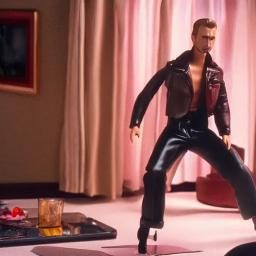 Image similar to amazing beautiful Ryan Gosling barbie doll wearing leather in the living room, film still from the movie directed by Denis Villeneuve , wide lens