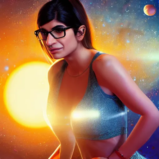 Image similar to hyperrealistic film full body still of mia khalifa in space, inspired by istvan sandorfi & greg rutkowski & unreal engine, perfect facial symmetry, dim volumetric cinematic lighting, 8 k octane comprehensive render, extremely hyper - detailed, incredibly lifelike attributes, intricate, real flesh texture, masterpiece, artstation, stunning,