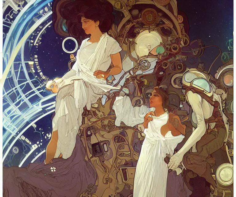 Prompt: Future godly calm scientists discover the cure on space station, elegant, intricate, beautiful, digital painting, artstation, concept art, smooth, sharp focus, by Alphonse Mucha