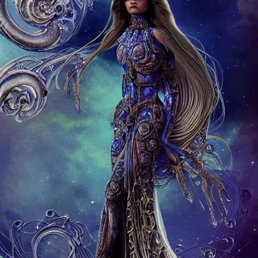 Image similar to beautiful zendaya in a cosmic dress, full-body, ornate, rococo, grotesque, zbrush art, majestic, organics, silver filigree, colorful, dark fantasy, celtic knot, anatomical, h r giger style, moebius, frank frazetta, ornate, art nouveau, symmetrical, turquoise jewelry, red smoke, roses, unbiased render, rotten, Emil melmoth, eerie, macabre, haunting + insanely detailed and intricate, floral, faded pink, hypermaximalist, elegant, vintage, hyper realistic, super detailed, pastel colors,