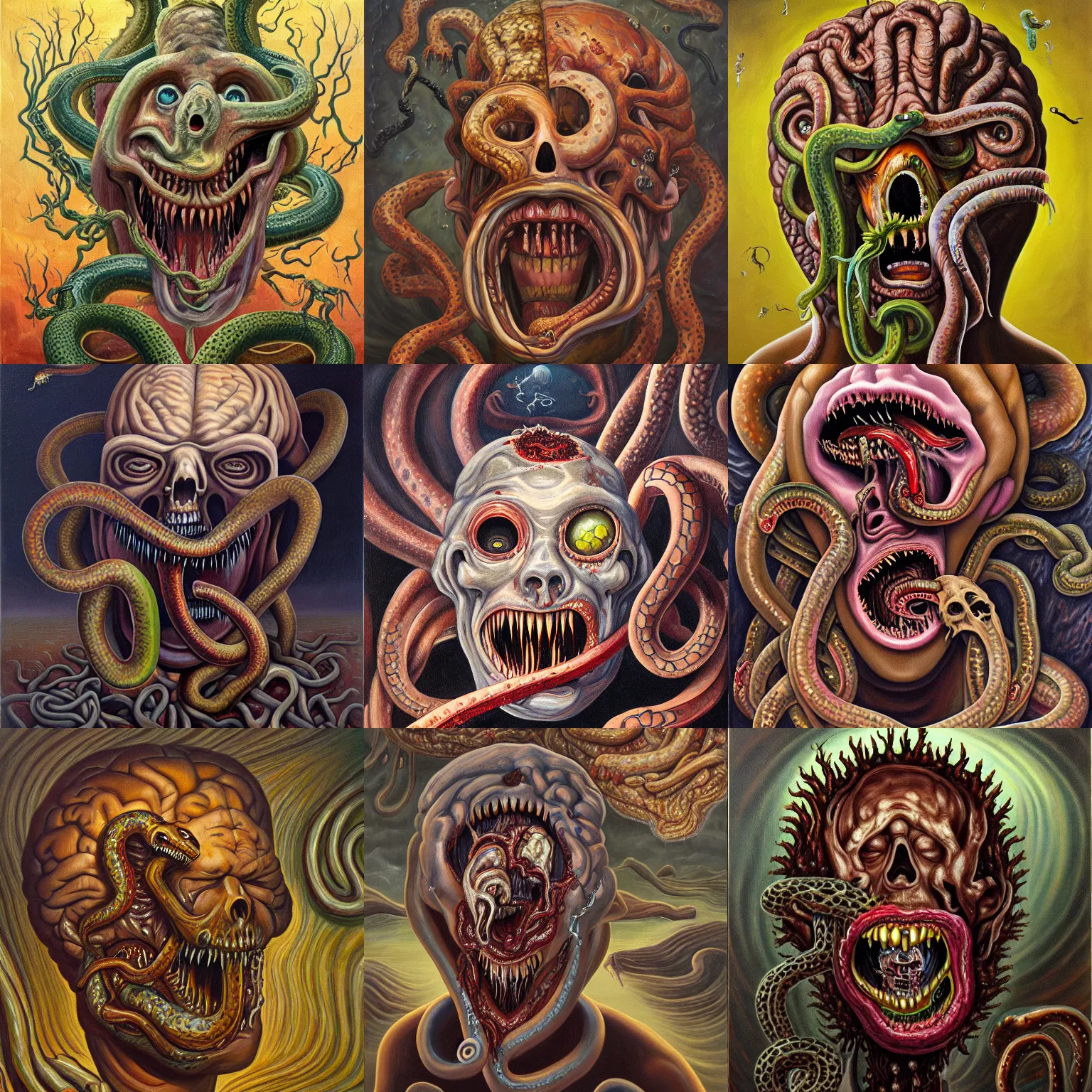 Prompt: an oil on canvas painting of a screaming decapitated man's partially decomposing face with many biting serpents swarming out of his exposed brain, a surrealist painting, polycount, surrealism, surrealist, lovecraftian, cosmic horror, grotesque, high detailed