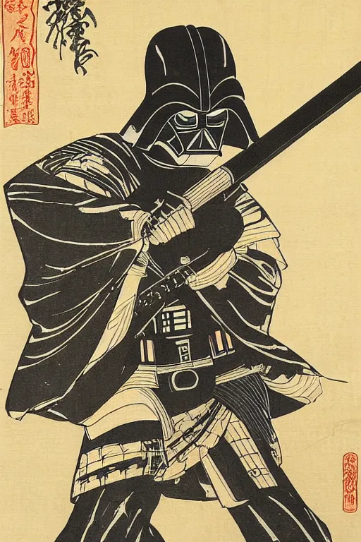 Image similar to Japanese woodblock print of Darth Vader holding a samurai sword , Hokusai