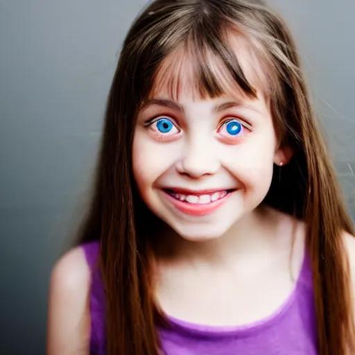 Prompt: a young girl with big eyes smiling for the camera