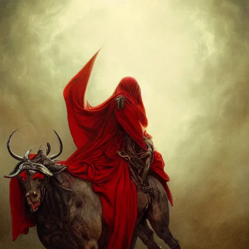 Prompt: a masterpiece! photographic portrait of a a cloaked woman riding the back of a scarlet - colored beast with seven heads!! and ten horns!! by gustave dore and sam spratt and allen williams, trending on artstation, cgsociety, 8 k hd, earthtone colors,