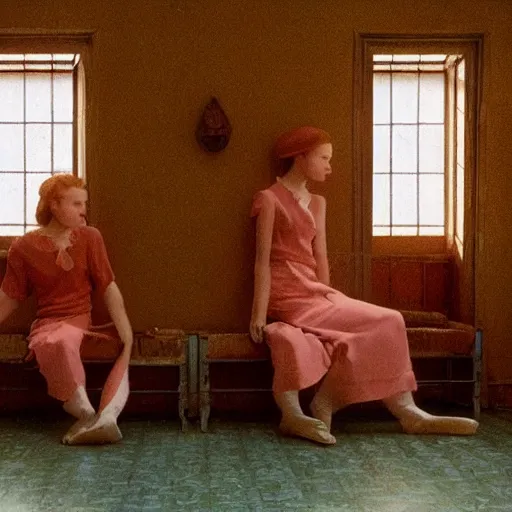 Prompt: twins in an soviet golden liminal abandoned room, film still by wes anderson, depicted by balthus, limited color palette, very intricate, art nouveau, highly detailed, lights by hopper, soft pastel colors