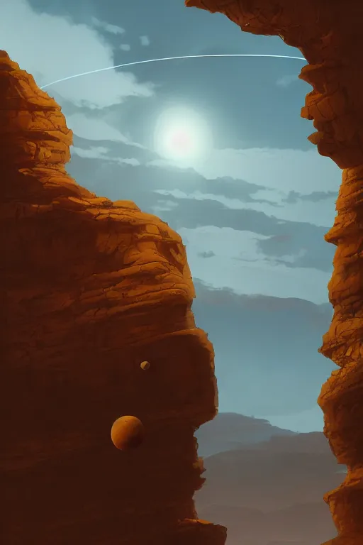 Prompt: stone statue in canyon, spaceships flying around, orange planets in the sky, dramatic lighting, artstation, matte painting, ralph mcquarrie